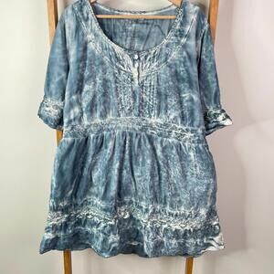 Orientique Mini Dress Womens 22 Blue Tie Dye Baby Doll Short Sleeve Scoop Neck